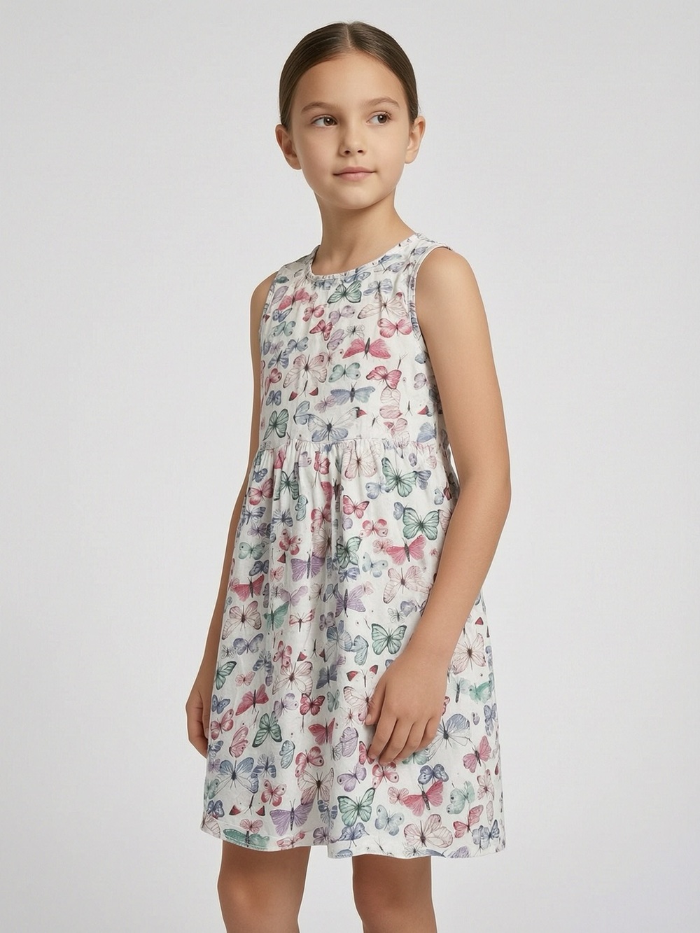H&M White Sleeveless Dress with Multicolor Butterfly Print